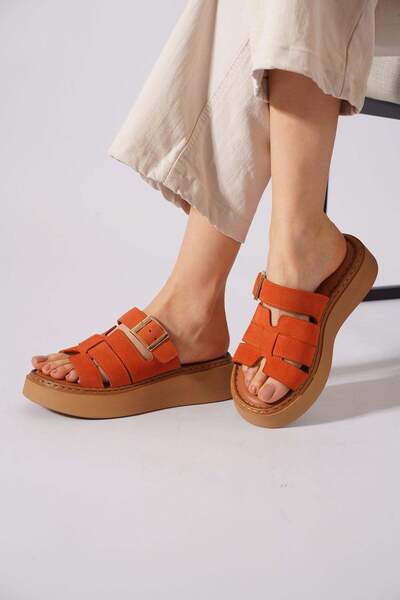 Moda Pie Γυναικείες παντόφλες Suyes Bant Buckle από γνήσιο δέρμα πορτοκαλί σο...