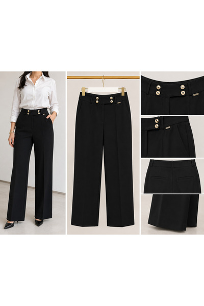 MELLO Imported Fabric Black Palazzo Trousers with Gold Button Detail