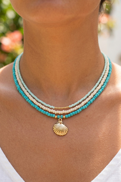 AURRARİ Sea Shell Blue and White Stone 3-Piece Necklace