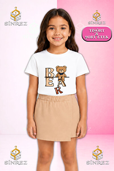 SİNREZ Girl's Set Bear Sitting on the Summer Sun Printed Short Sleeve T-Shirt...