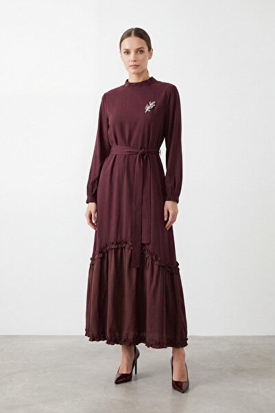 Puane Women's Brooch Detailed Belted Long Dress 12675