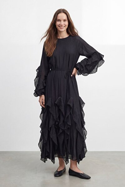Loreen Ruffle Sleeve and Hem Dress-Black Black