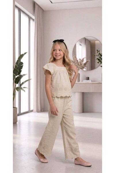SİELA ÇOCUK Kız Çocuk Bej Renkli Keten Pantolon Bluz Takım (Dar Kalıp)