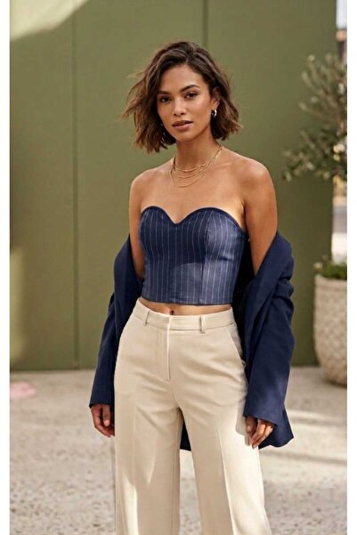 Butik Çizgili Straplez Crop Büstiyer Body