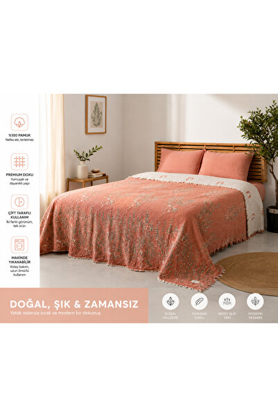 Yarımağa Tekstil Çift Kişilik Müslin Pike Yatak Örtüsü – Lavanta Desenli Bohe...
