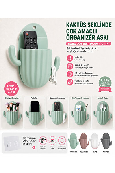 Vi Caro 2 Adet Kaktüs Şekilli Çok Amaçlı Organizer Askı | Yapışkanlı Duvar Dü...