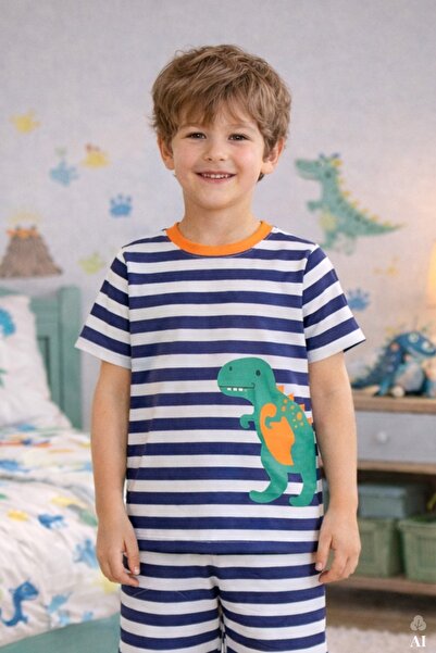 koza iç giyim Erkek Çocuk Pamuklu Çizgili Baskılı Kısa Kollu Şortlu Pijama Takımı