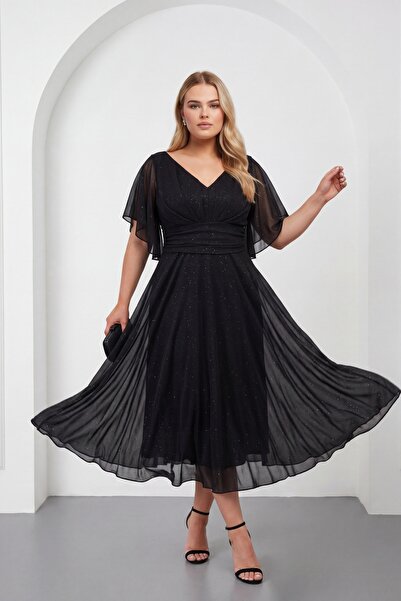 Lafaba Women's Black V-Neck Glittery Plus Size Flared Evening Dress