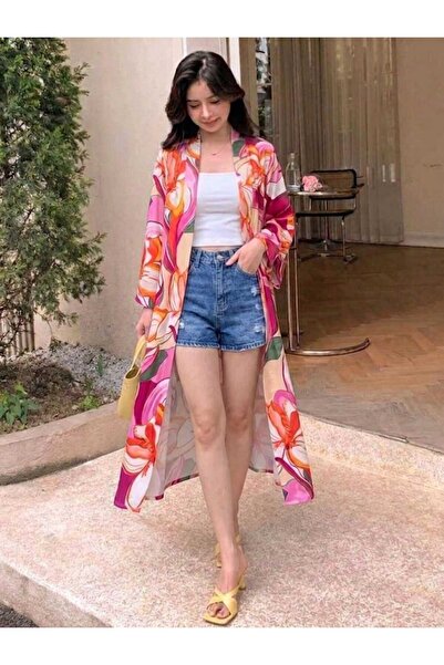 Mefa basic Kadın Desenli Saten Kumaş Yarasa Kol Bohem Yırtmaçlı Maxi Kimono C...