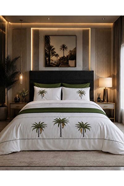 İK TEKSTİL Oasis Palm 100% Cotton Palm Embroidered Double Runner Duvet Cover ...