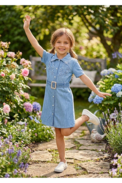 Aymini kids Girls' Star Pattern Embroidered and Stone-Embellished Denim Summe...