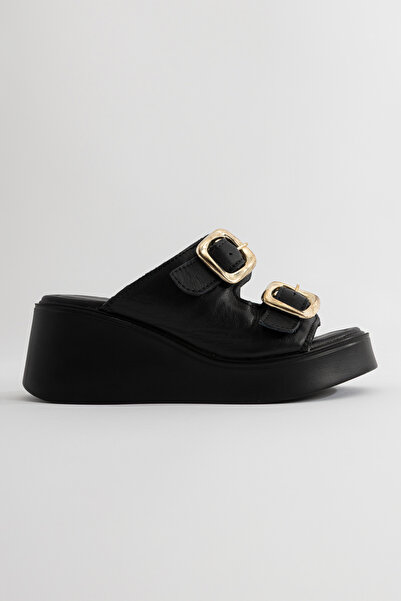Rana Women's Black Real Leather Buckle Slippers