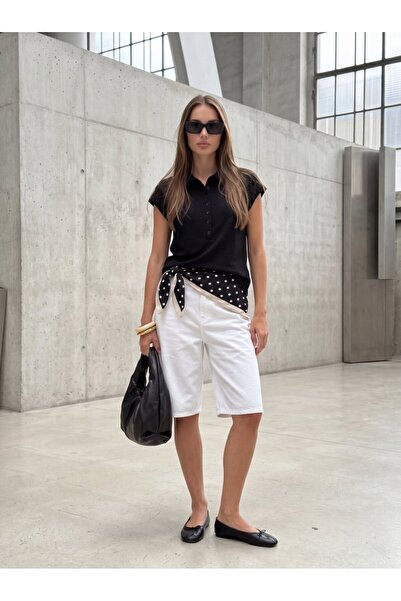 Ltb Polo Collar Buttoned Front Basic Black T-Shirt