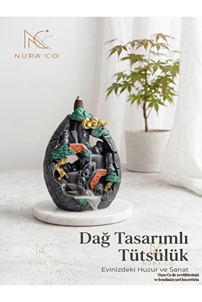 NURA CO Dağ & Şelale Tasarımlı Backflow Tütsülük Standı — Altın Detaylı, Deko...