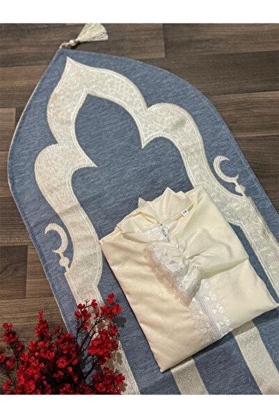 Generic Women's Prayer Set with Blue Padded Prayer Rug and Off-White Prayer S...