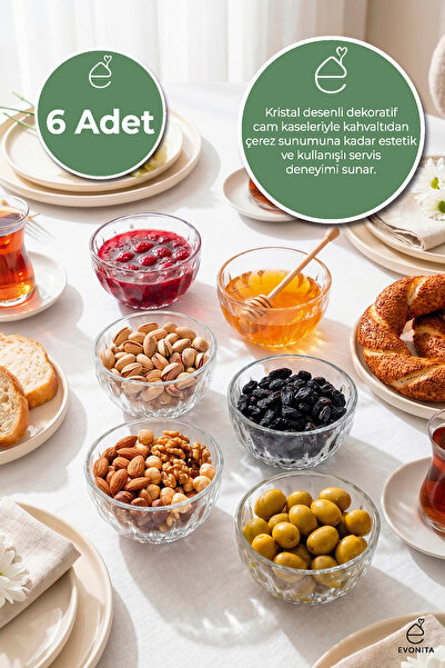 EVONİTA 6lı Cam Çerezlik Reçellik Kase Seti 135 ml Kahvaltılık Sosluk Mini Su...