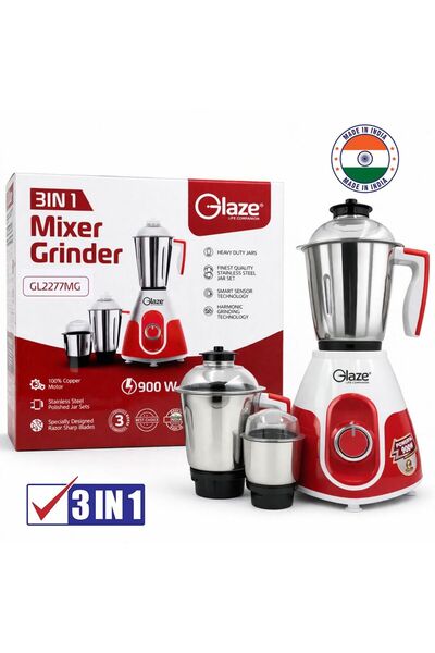 Glaze Mixer Grinder 900W 3 in 1 Electric Kitchen Machine with 3 Stainless Ste...