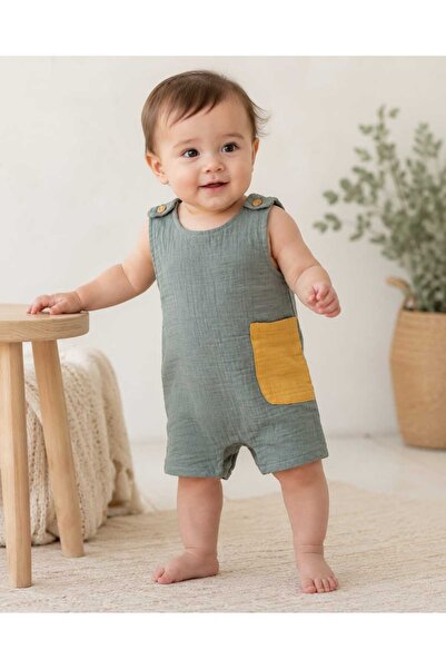 kidsense Baby Girl and Boy Muslin Fabric Shoulder Button Pocket Detailed Unis...