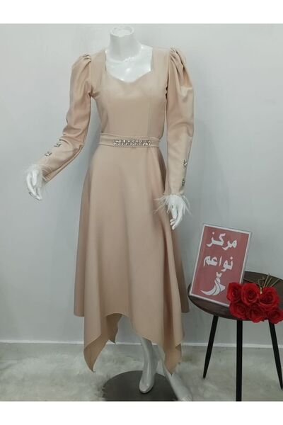 NAWAEIM Women's Dark Beige Asymmetrical Hem Dress - Square Neck Party Dress w...
