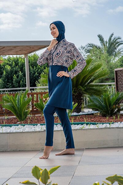 Ruko Maio Full Covered Hijab Swimsuit Petrol Blue Zippered Long Sleeve C2T2N2...
