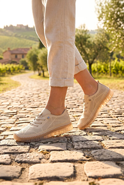 Deri Expres Genuine Leather Women's Daily Cream Color Stitched Shoes