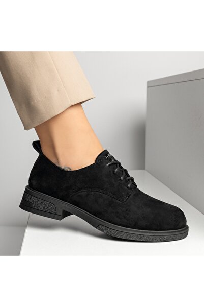 Modlet.ro Pantofi casual de damă din piele întoarsă neagră cu șireturi MOD14292