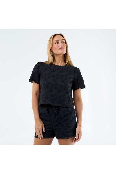 KIABI Short-Sleeve Broderie Anglaise Cotton Top BLACK
