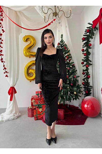 Caddebostan Moda Square Neck Glitter Velvet Balloon Sleeve Dress Chiffon Slee...