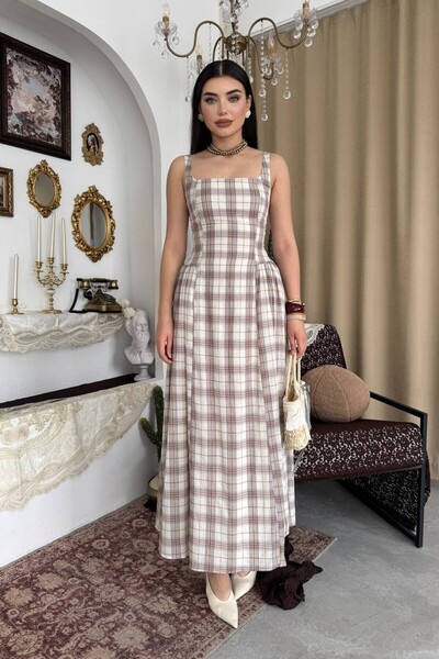 Caddebostan Moda Square Neck Plaid Pattern Midi Dress with Puffy Skirt Waist ...