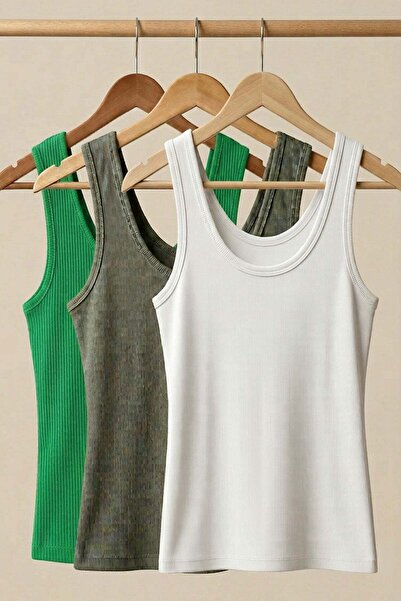 COTENCONCEPT 3 Pieces of Ribbed Fitted Front and Back U-Neck Strap T-Shirts