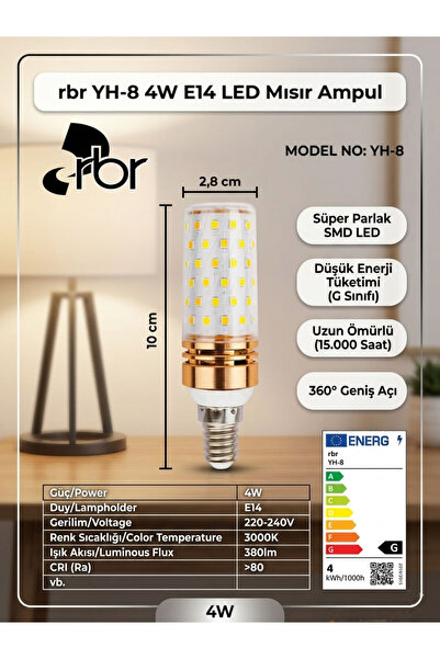 RBR E14 LED Mısır Ampul 3000K Gün Işığı 380 lm Tasarruflu Dekoratif Ampul