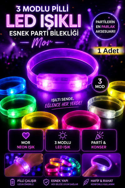 Tamsena Store 3 Modlu Pilli LED Işıklı Esnek Parti Bilekliği Mor – Neon Parla...