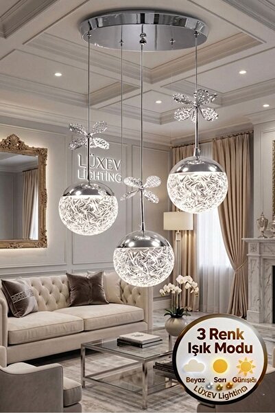 Lüxev Lighting Güneş Model 3'lü Gümüş 3 Renk Modu Ledli Kristal Taşlı Modern ...