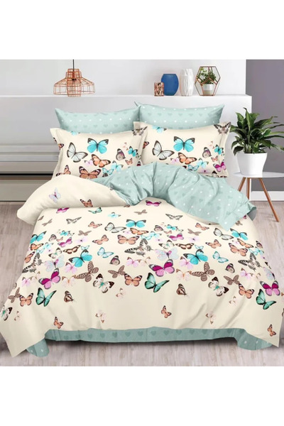 Pucioasa Set de lenjerie de pat Finet 6 piese, Crem/Albastru cu fluturi color...