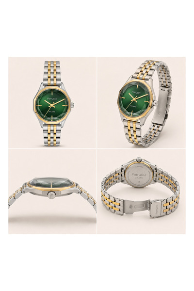 Ferrucci 30mm Green Dial Cutout Glass Detailed Silver & Gold Metal Cord Women's Wristwatch