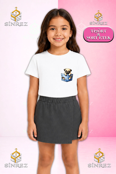 SİNREZ Girl's Set Kopek Pug Ust in Pocket Printed Short Sleeve T-Shirt Shorts...