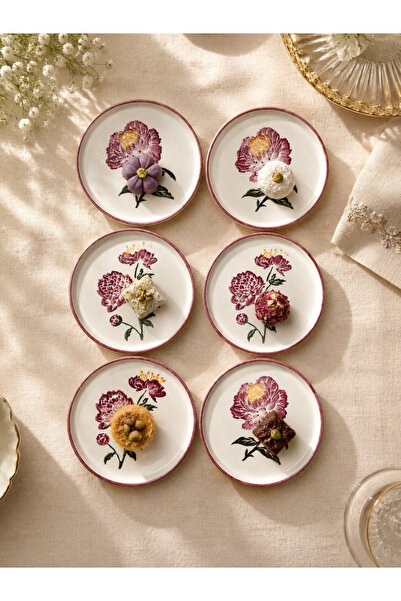 Yasvera Ceramics 6’lı Gül Desenli Tatlı Tabağı