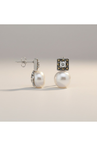 Oria Jewelry Cercei din argint 925 cu marcasite, perlă și zirconiu cubic