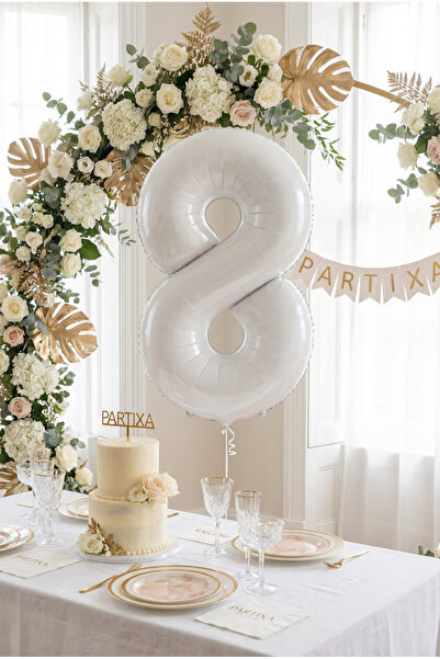 Partixa Beyaz 32 İnç Rakam 8 Folyo Balon 8 Yaş Doğum Günü Konsepti Sayı Balon...