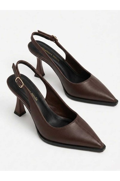 MİNAMORA MODA Gevis Stitched Detailed Brown Leather Women's Heeled Shoes