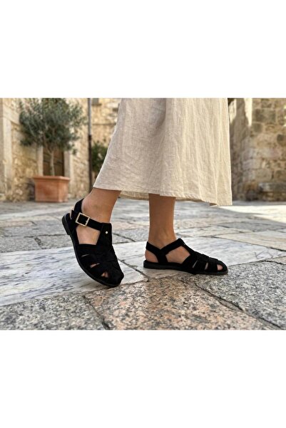 ALMİNA Women's Ankle Strap Buckle Closed Front Suede Daily Cage Sandals