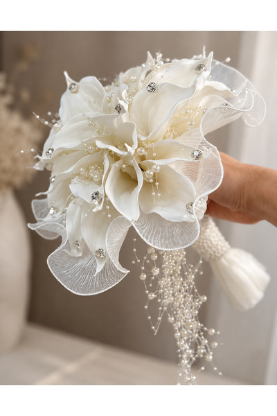 BridalTeam Tül Detaylı Taş ve İncili Gelin çiçeği