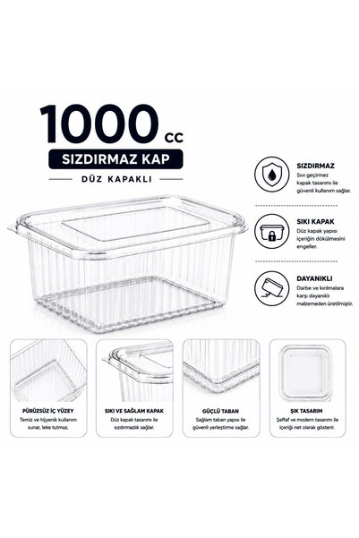 MSE HOLD 1000 CC Plastik Sızdırmaz Kap 25 Adet Düz Kapaklı Şeffaf Saklama Kabı