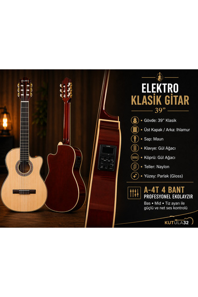 valares 🎸 QCG2303N Profesyonel Seri Elektro Klasik Gitar 39” 4 Bant Ekolayzı...