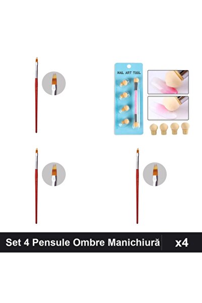 NAİLS Set 4 Pensule Manichiură Gel Ombre Oranjollie, Baby Boomer cu Burete și...