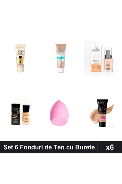 Eveline Set 6 Fonduri de Ten & TLM, Nuante 101-105, 30-34ml + Burete Makeup