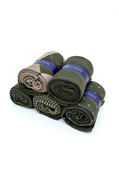 KNITON Dikişsiz Bambu Çorap Jakarlı Haki Renk Desenli Erkek Çorap Kutulu 5 Çift Premium Uzun Soket Mix Çorap Bambu