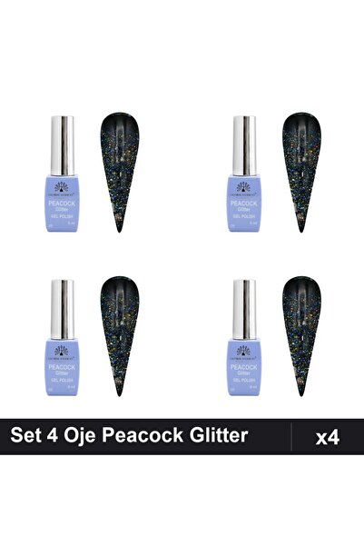 Makeup Set 4 Oje Semipermanente Peacock Glitter 8ml, Nuanta 09, Manichiura UV...