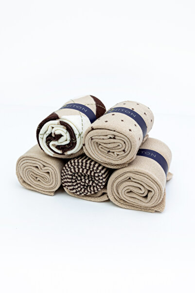 KNITON Dikişsiz Bambu Çorap Jakarlı Bej Renk Desenli Erkek Çorap Kutulu 5 Çift Premium Uzun Soket Mix Çorap Bambu