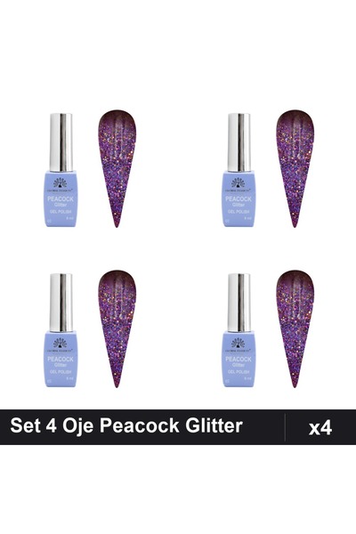 Makeup Set 4 Oje Semipermanente Peacock Glitter 8ml, Nuanta 02, Manichiura UV...